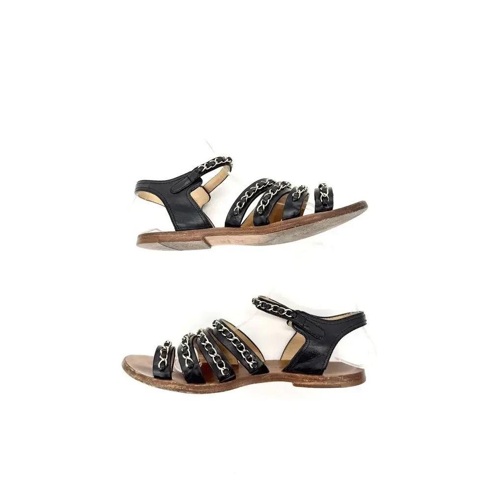 Chanel CC Logo Gladiator Sandals 37.5 US 7.5 Leather Multi Strap Chain Link - Picture 6 of 11